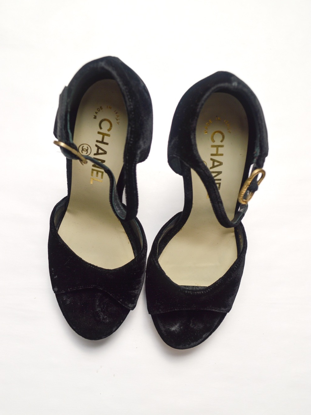 CHANEL Black Velvet Ankle-Strap Open-Toe Heels with Gold Buckles